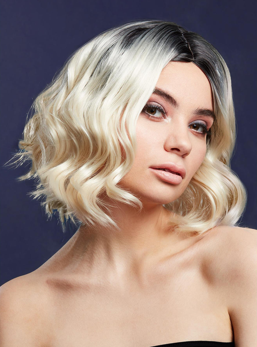 Womens Short Blonde Curly Deluxe Fashion Wig With Dark Roots - Main Image