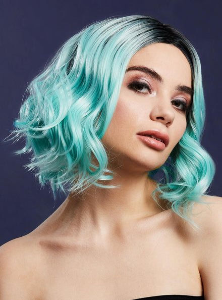 Womens Short Peppermint Green Curly Deluxe Fashion Wig With Dark Roots - Main Image