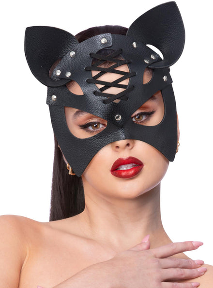 Womens Black Faux Leather Lace Up Cat Mask - Main Image