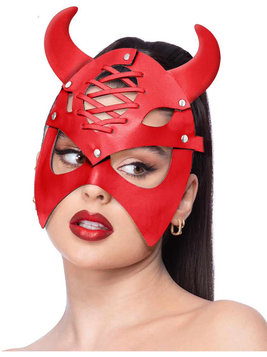 Womens Red Faux Leather Lace Up Devil Mask - Main Image