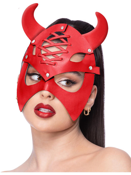 Womens Red Faux Leather Lace Up Devil Mask - Main Image