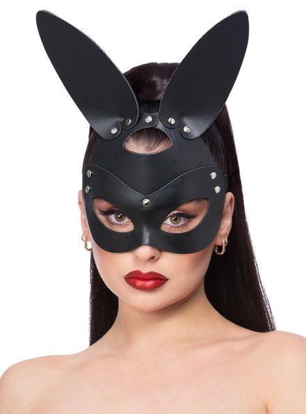 womens black leather bunny masquerade mask - Main image