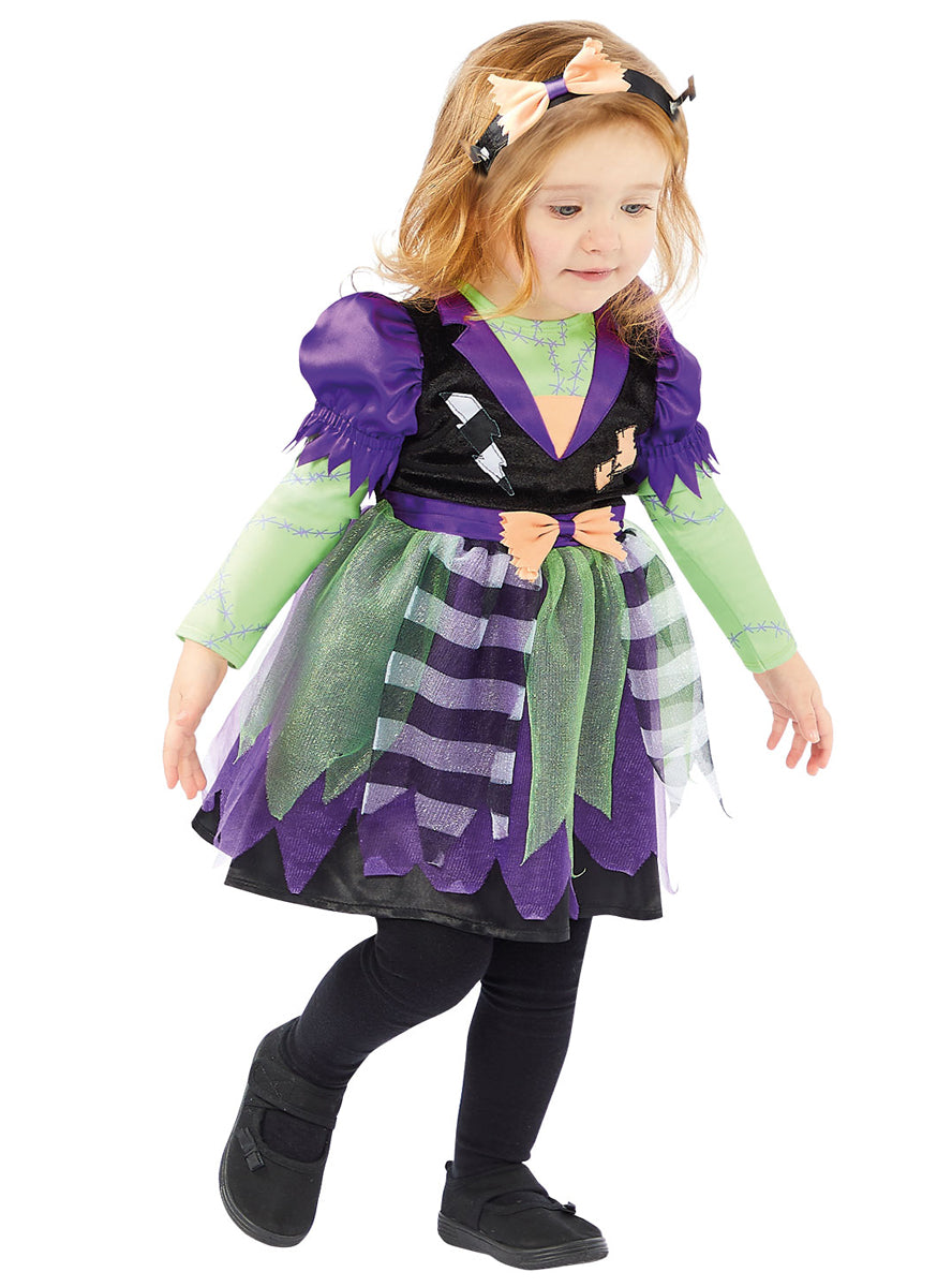 Girls Purple And Green Frankenstein Monster Halloween Costume - Alternative Image 2