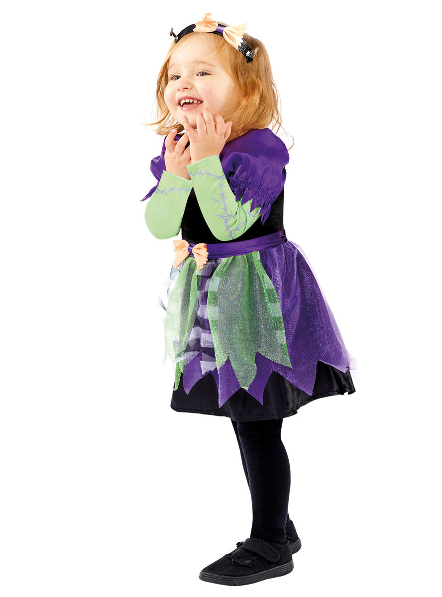 Toddler Girls Purple And Green Frankenstein Monster Halloween Costume - Side Image