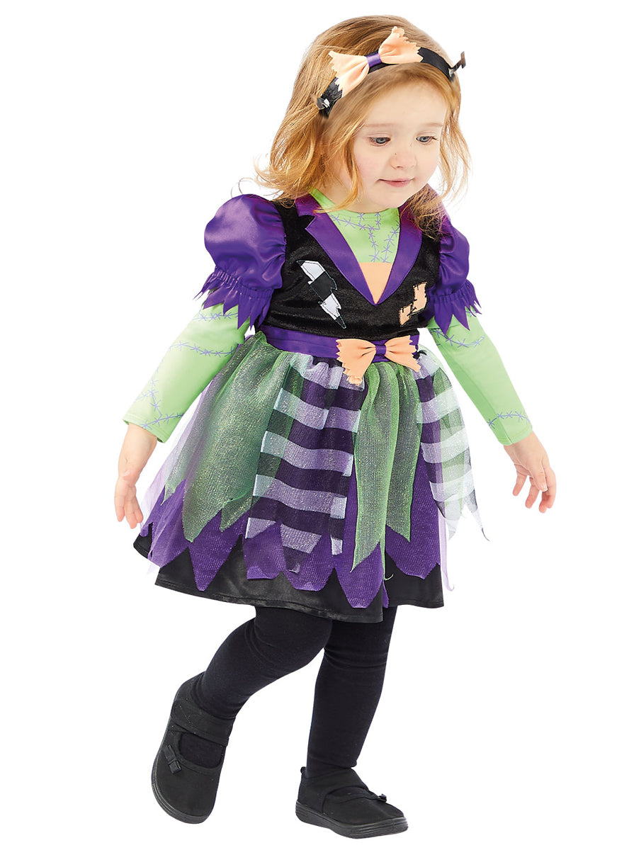 Toddler Girls Purple And Green Frankenstein Monster Halloween Costume - Alternative Image 2