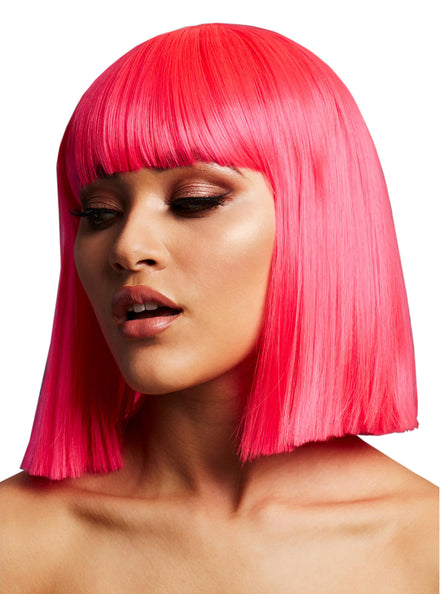 Neon Pink Womens Blunt Cut Bob Wig With Fringe - Main Image
