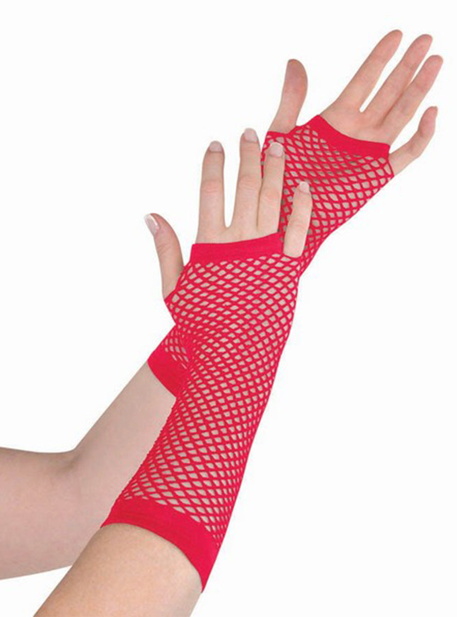 Red Elbow Length Fingerless Fishnet Gloves