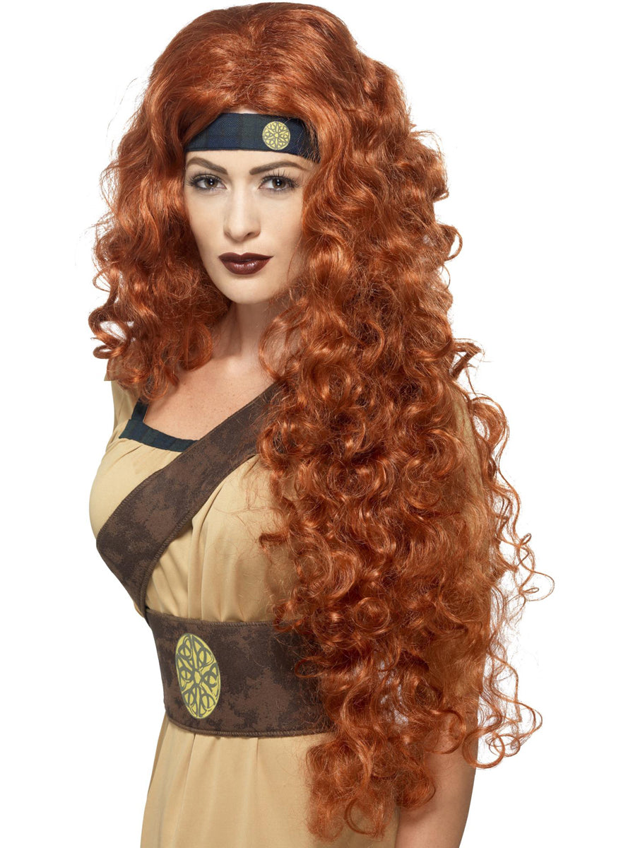 Womens Long Curly Auburn Warrior Queen Costume Wig