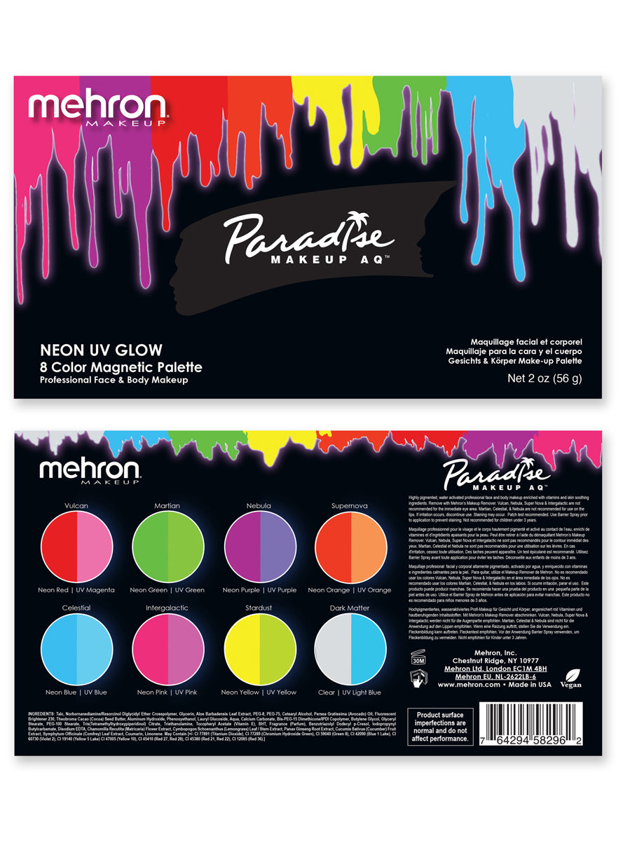 Mehron Paradise Makeup AQ 8 Colour Neon UV Pro Palette - Packaging Image