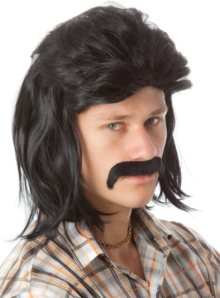 Mens Black 80s Mullet And Moustache Costume Wig Set - Alternative Image 2