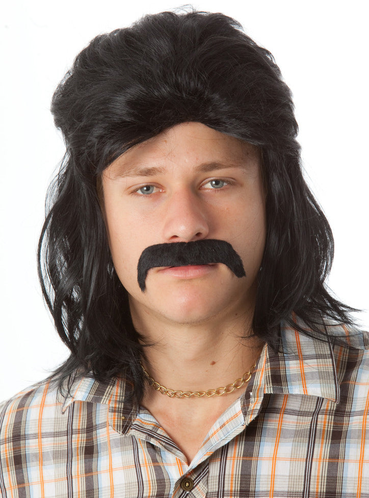 Mens Black 80s Mullet And Moustache Costume Wig Set - Main Image