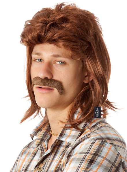 Mens Brown 80s Mullet And Moustache Costume Wig Set - Main Image