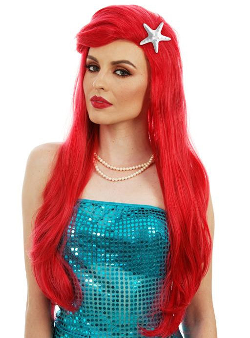 Mermaid Womens Long Red Costume With Starfish Hairclip - Main Image