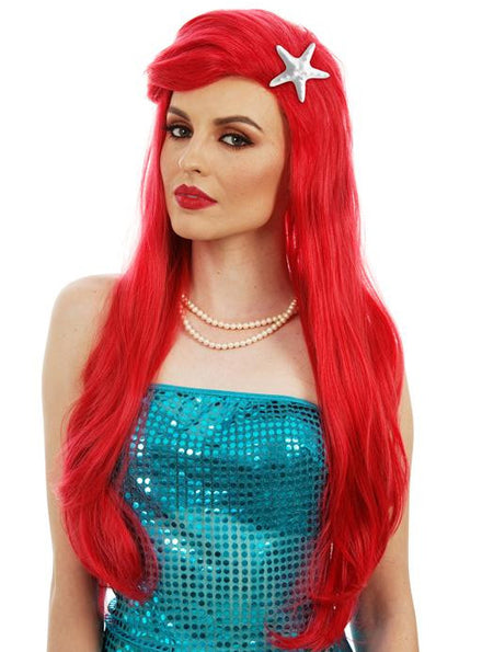 Mermaid Womens Long Red Costume With Starfish Hairclip - Main Image