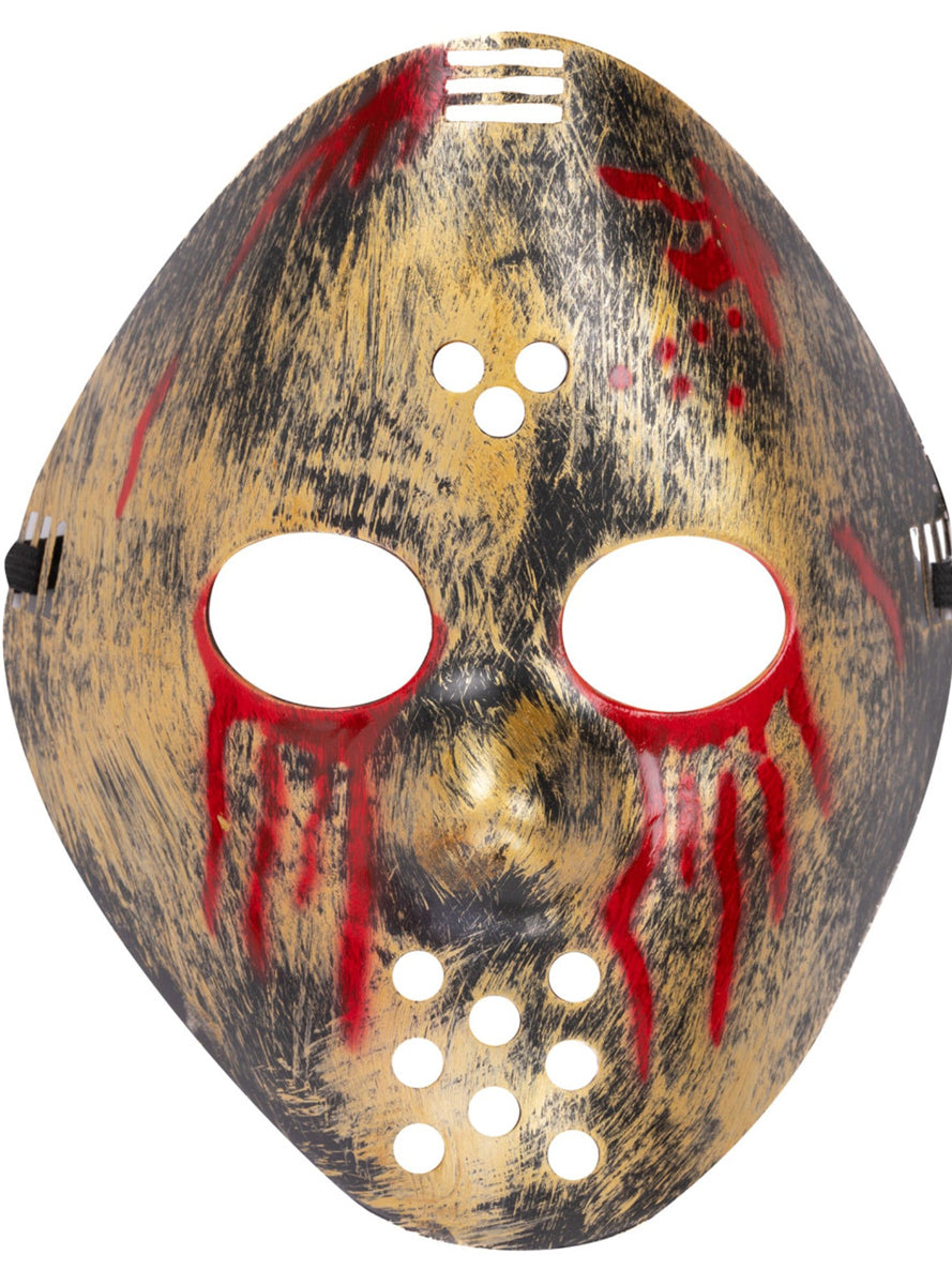 Metallic Gold Adults Halloween Hockey Mask with Blood Drips - Close Product Image