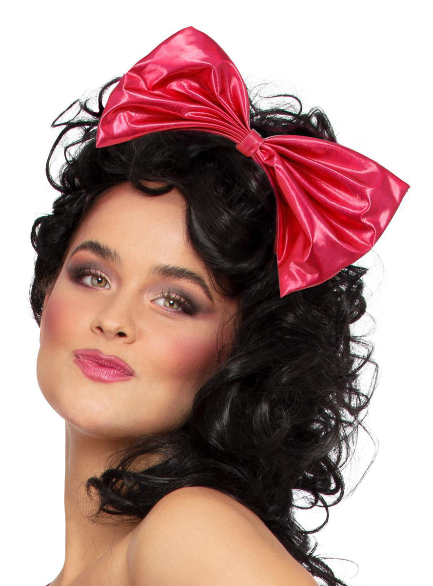 womens 80s metallic hot pink bow costume headband - Main image