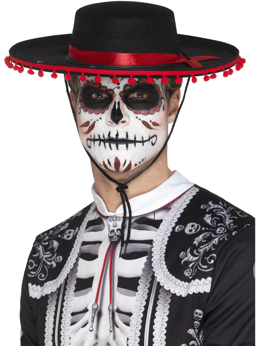 Red and Black Mexican Day of the Dead Hat with Pom Pom Trim - Main Image