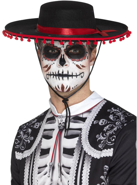 Red and Black Mexican Day of the Dead Hat with Pom Pom Trim - Main Image