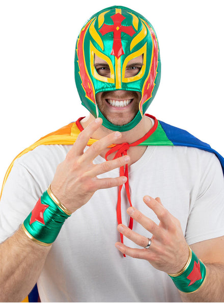 Mens Mexican Wrestler Mask And Wrist Cuffs Costume Accessory Set - Main Image