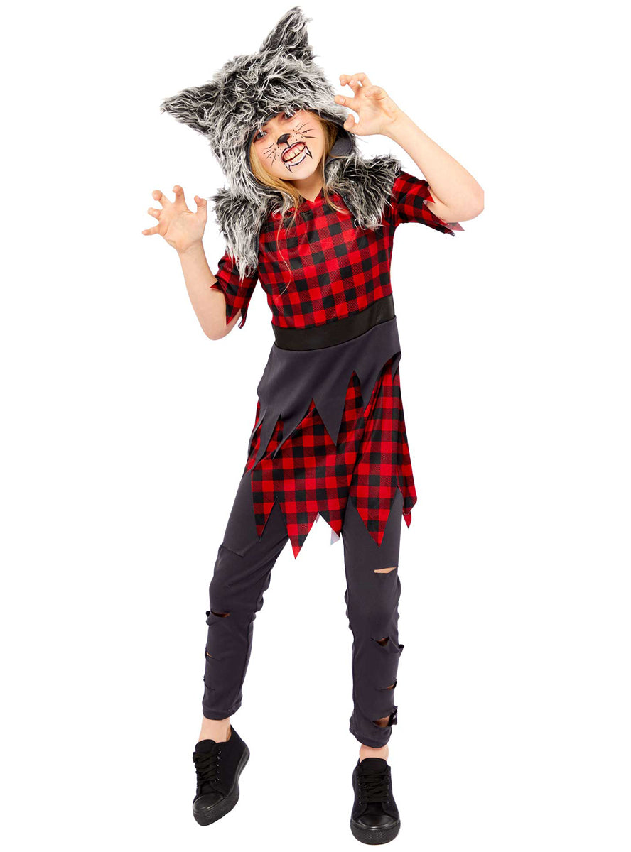 Girls Red And Black Werewolf Halloween Costume - Main Image