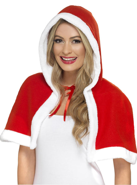 Womens Hooded Red Christmas Costume Cape - Main Image