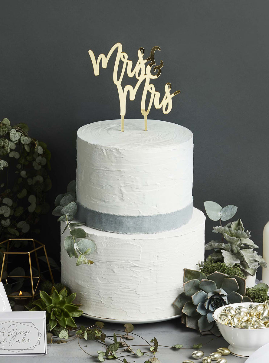 Mrs And Mrs 20cm Gold Acrylic Cake Topper - Lifestyle Image