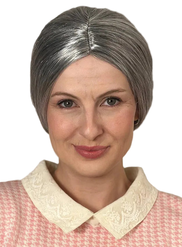 Nana Bun Womens Short Grey Old Lady Costume Wig - Front Image