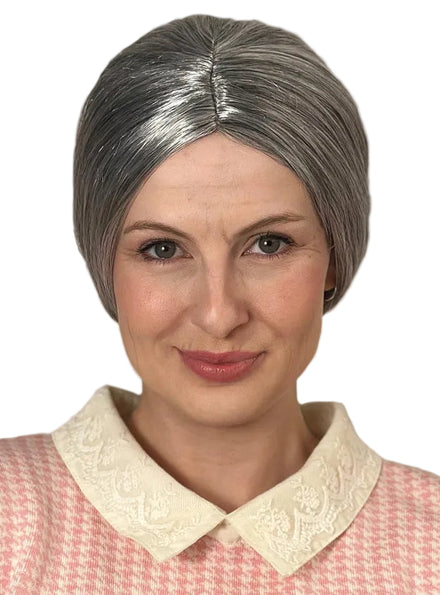 Nana Bun Womens Short Grey Old Lady Costume Wig - Front Image