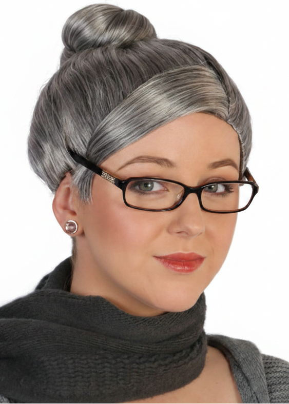 Womens Grey Old Lady Nana Costume Wig With High Bun - main image