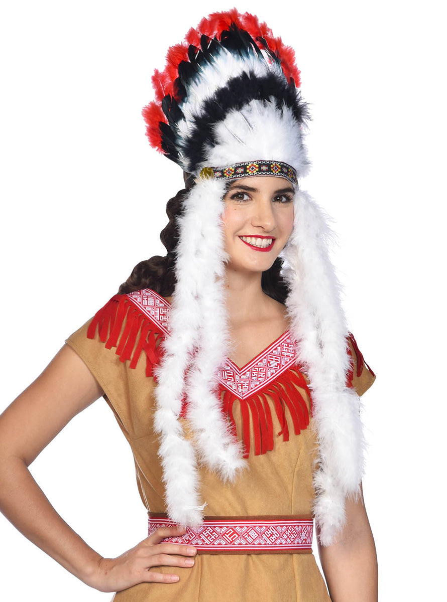 Womens Red and White Native American Feather Headdress