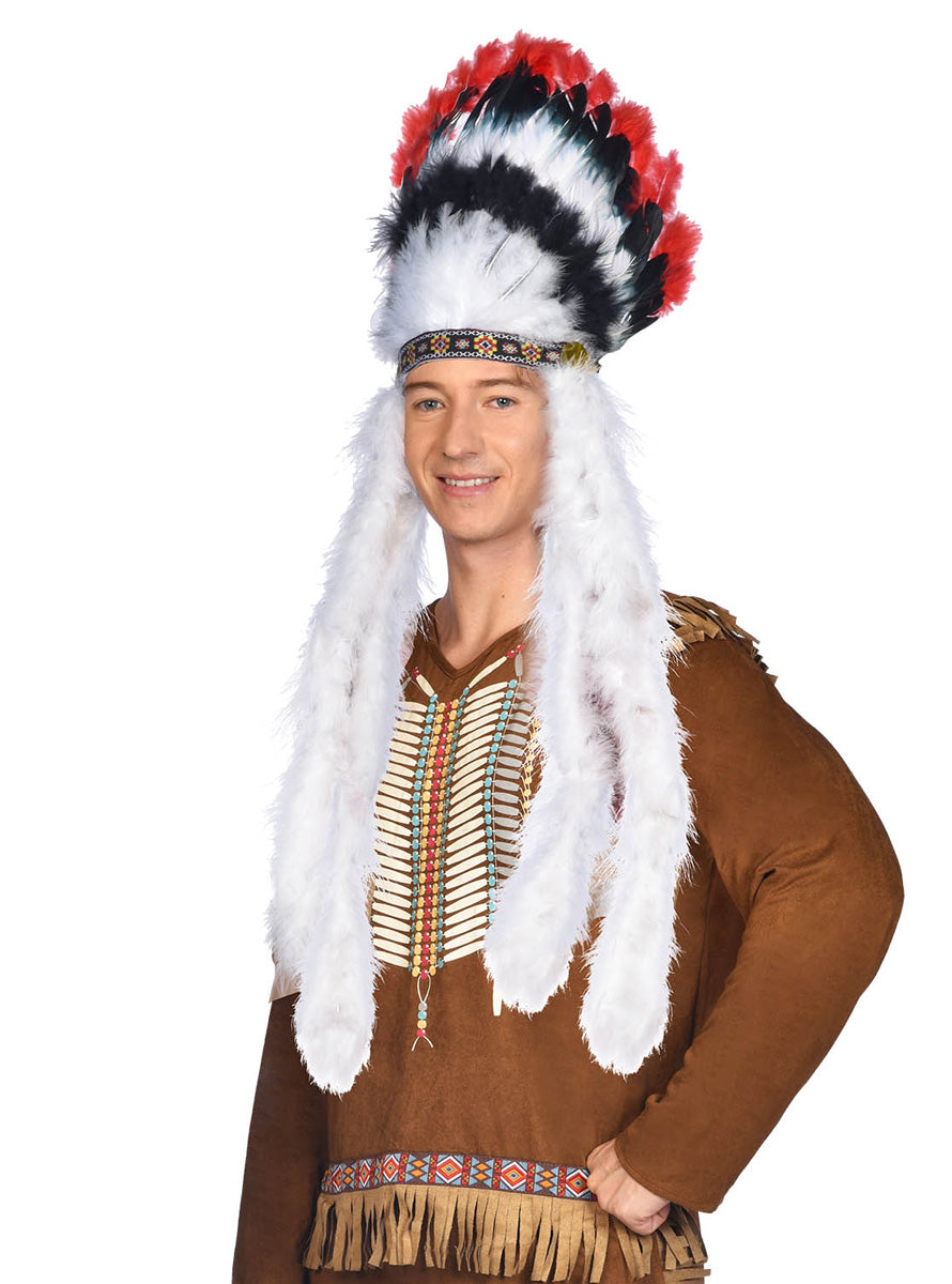 Mens Red and White Native American Feather Headdress