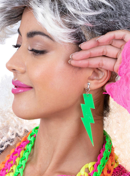 Neon Green Lightning Bolt 80s Earrings - Main Image