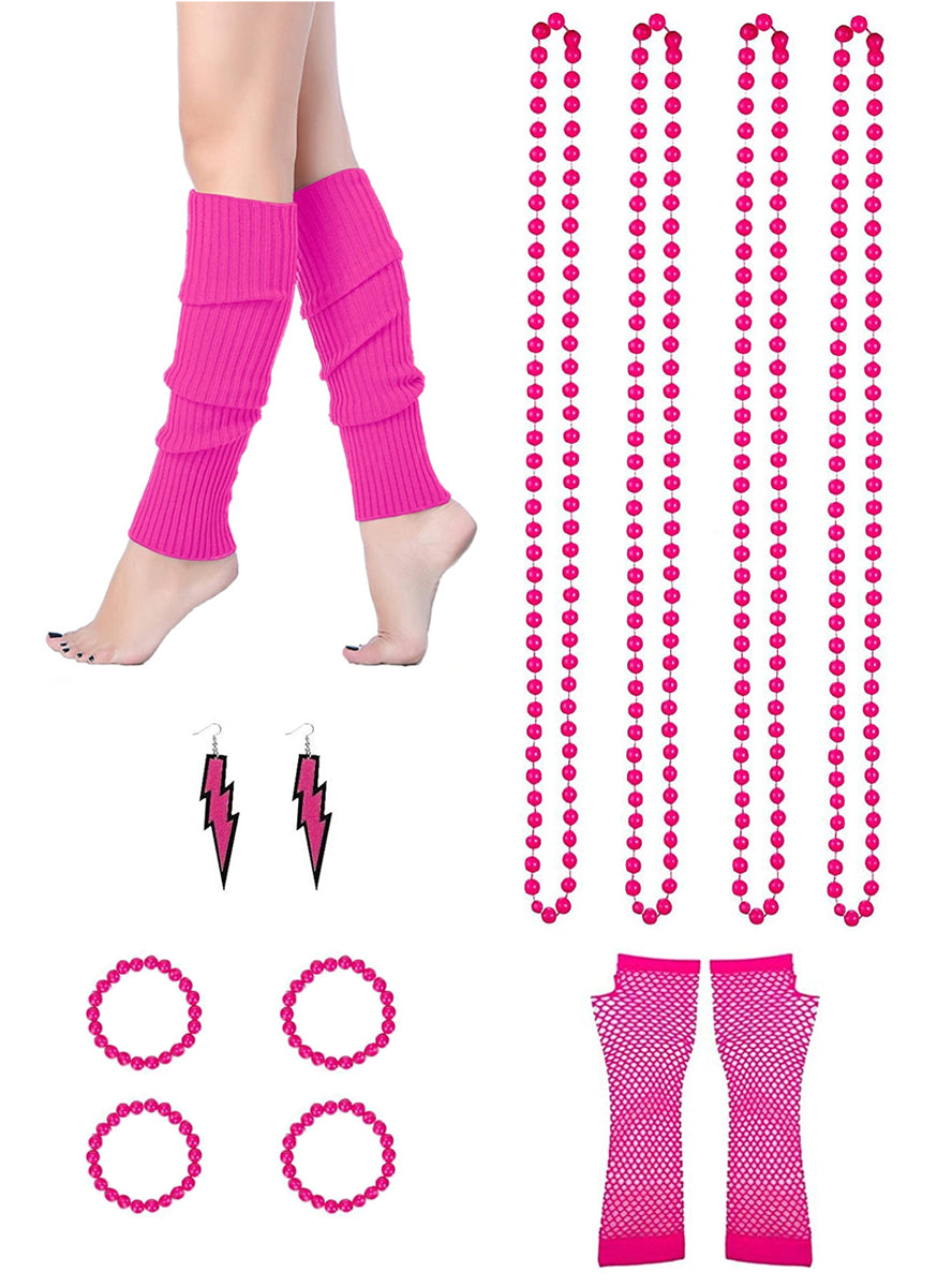 Image of Neon Pink 11 Piece 1980s Costume Accessory Set