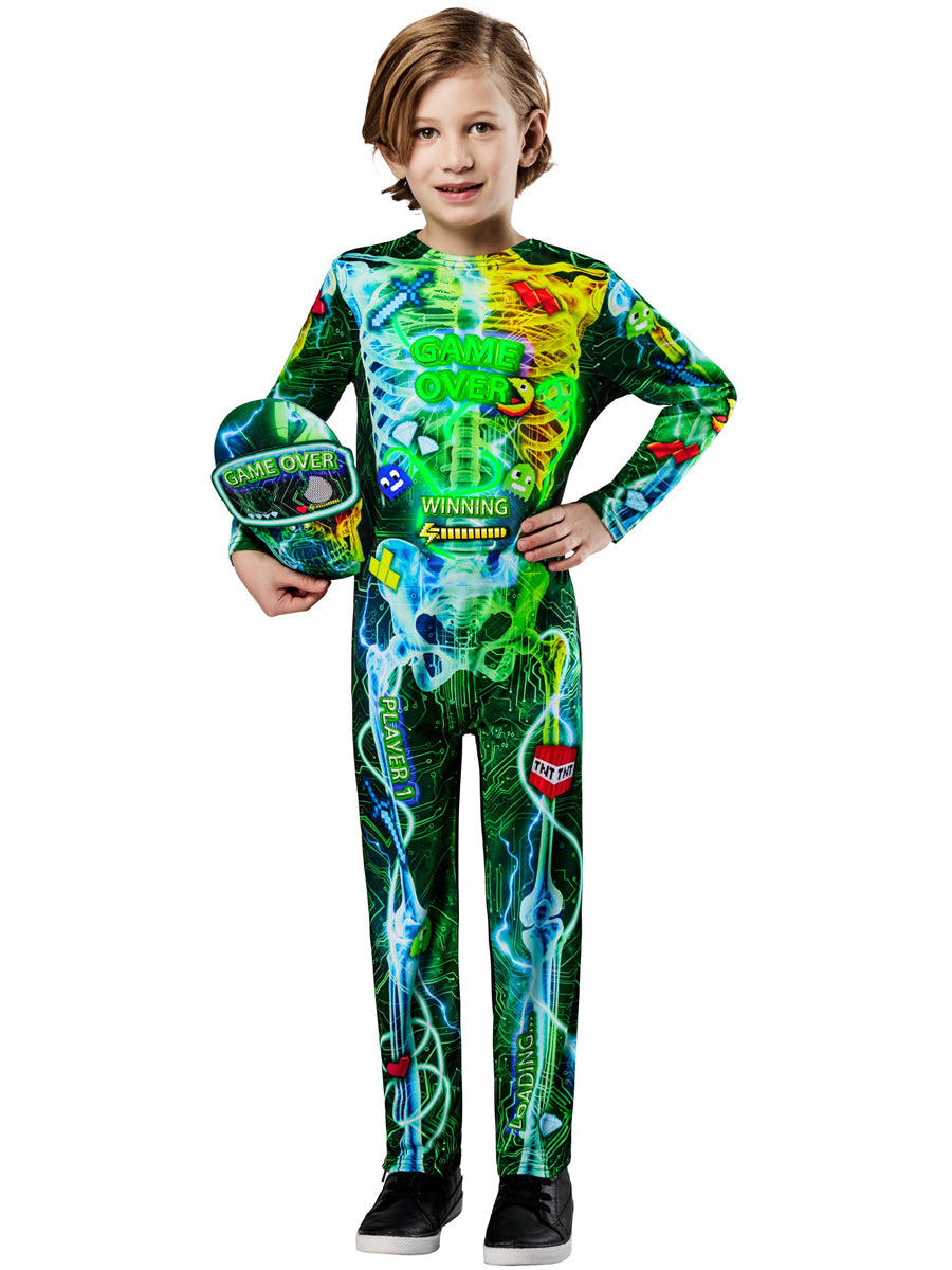 Game Over Boys Neon Skeleton Gamer Halloween Costume - Alternate Image