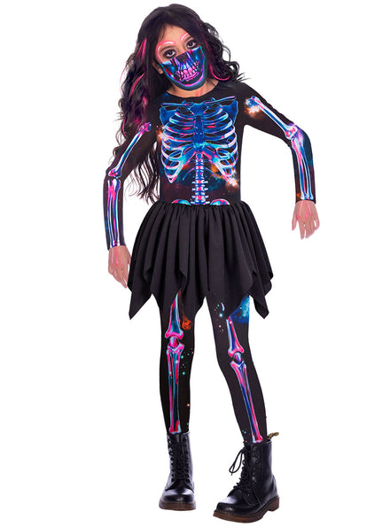 Girls Neon Rainbow Skeleton Halloween Costume - Main Image