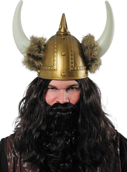 Viking Gold Helmet with Horns and Fur - Main Image