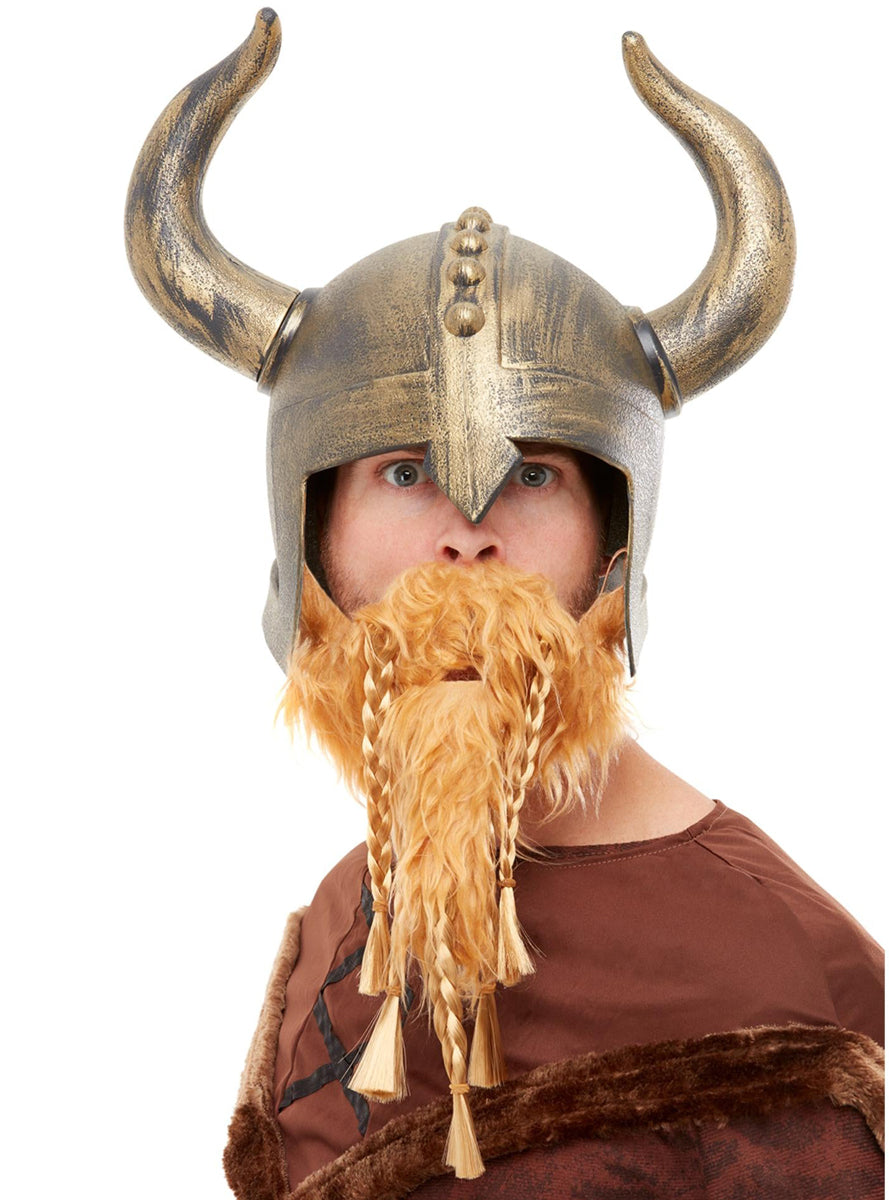 Gold Nordic Viking Helmet with Beard Attached - Main Image