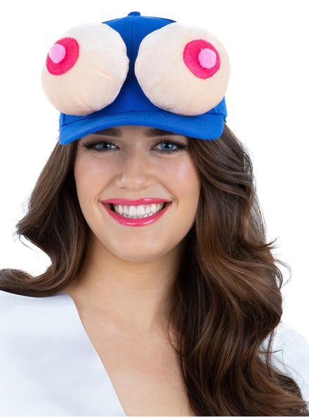 Funny Hens Night Blue Cap with Plush Boobs Attached - Main Image