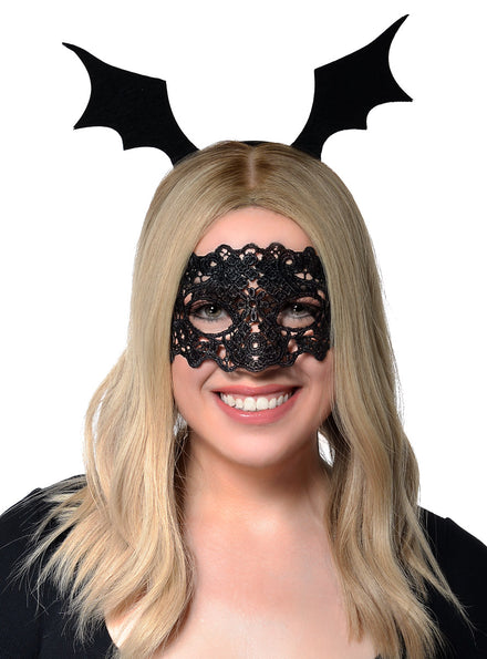 Halloween Black Lace Masquerade Mask and Bat Wing Headband Accessory Set - Main Image