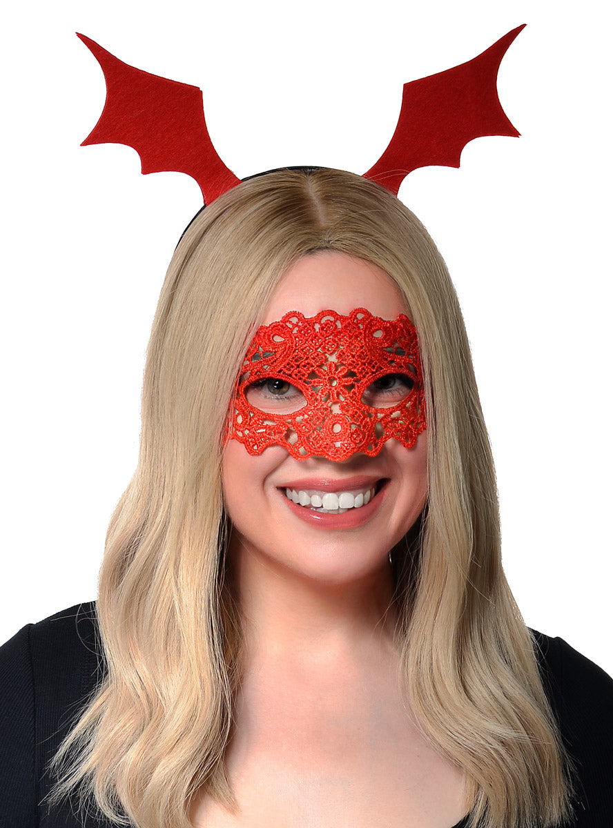 Halloween Red Lace Masquerade Mask and Bat Wing Headband Accessory Set - Main Image
