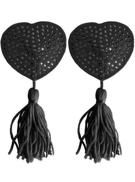 Ouch Black Heart Shaped Nipple Pasties with Black Rhinestones and Black Tassels