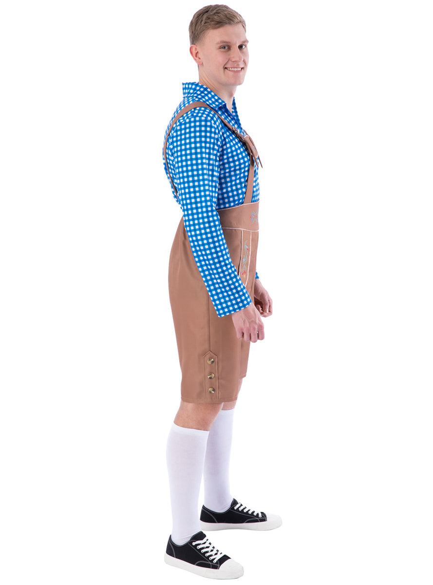 Brown And Blue German Lederhosen Mens Costume - Side Image