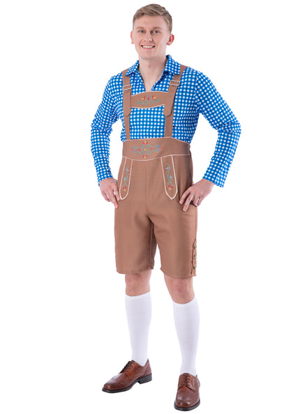 Brown And Blue German Lederhosen Mens Costume - Main Image