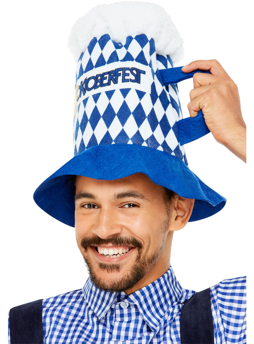 Blue and White Check Novelty Oktoberfest Beer Costume Hat - Main Image