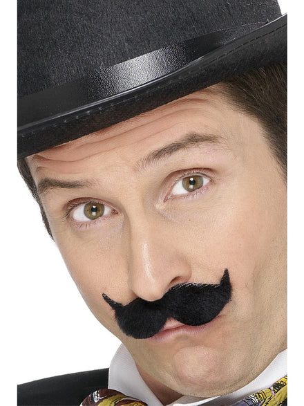 Curled Black Edwardian Mens Stick On Costume Moustache - Main Image