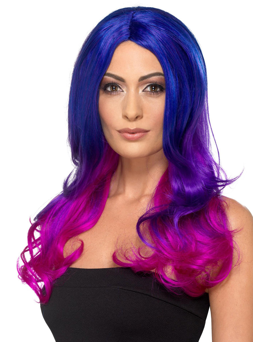 Blue And Purple Womens Ombre Costume Wig With Center Part - Main image