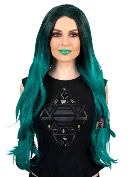 Ombre Womens Black And Green Long Wavy Costume Wig - Main Image