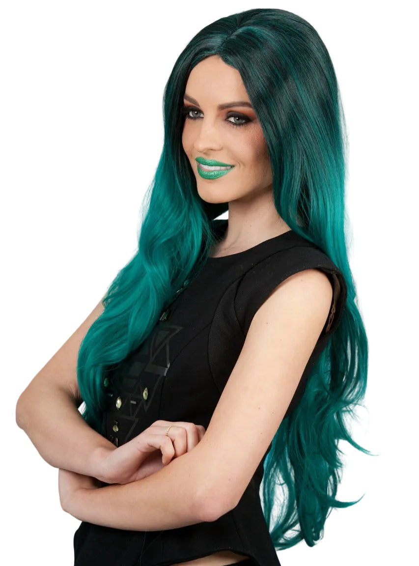 Ombre Womens Black And Green Long Wavy Costume Wig - Side Image