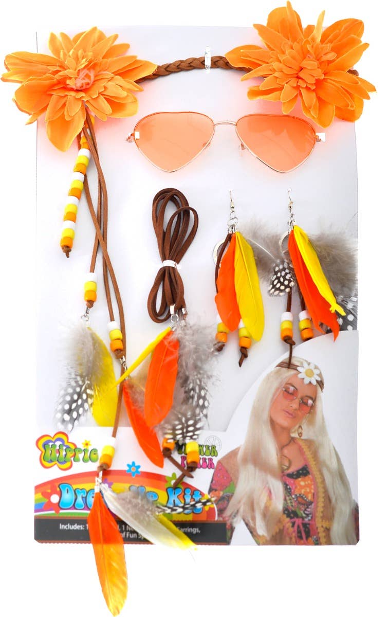 Orange Feathers Peace Signs 1970's Hippie Costume Accessory Set - Main Image