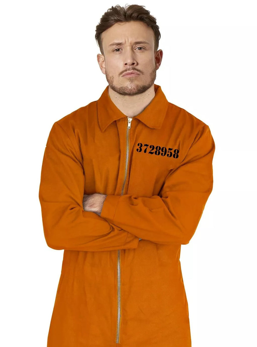 Orange Mens Zip Up Convict Prisoner Costume - Close Image